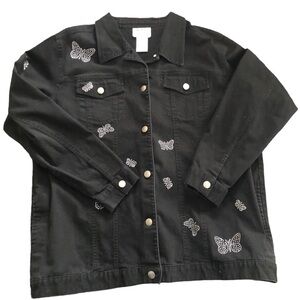 Quacker Factory Denim Stretch Jacket L Rhinestone Butterflies Casual Wardrobe